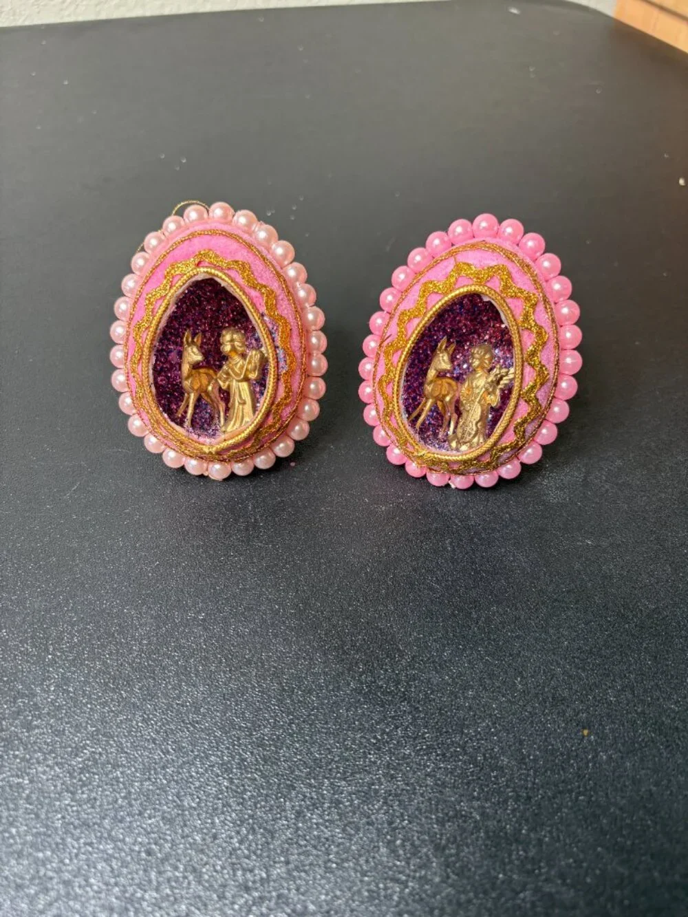 2 Vintage Flocked Pink Egg Diorama Christmas Ornaments